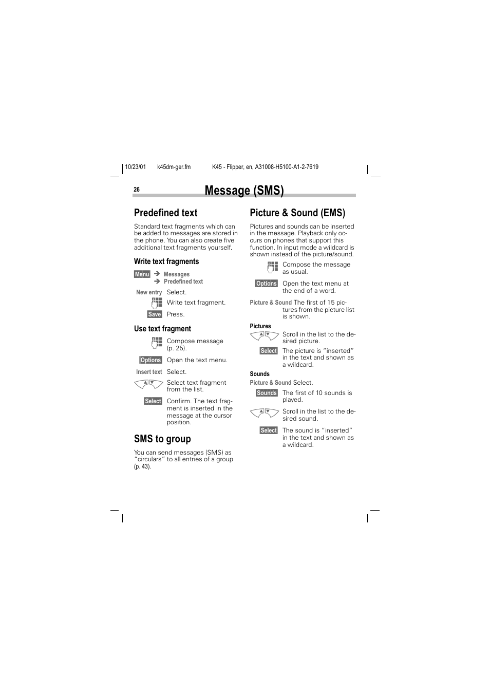 Predefined text sms to group picture & sound (ems), 0hvvdjh 606, 3uhghilqhg wh[w | 606 wr jurxs, 3lfwxuh 6rxqg (06 | Siemens C45 User Manual | Page 28 / 82