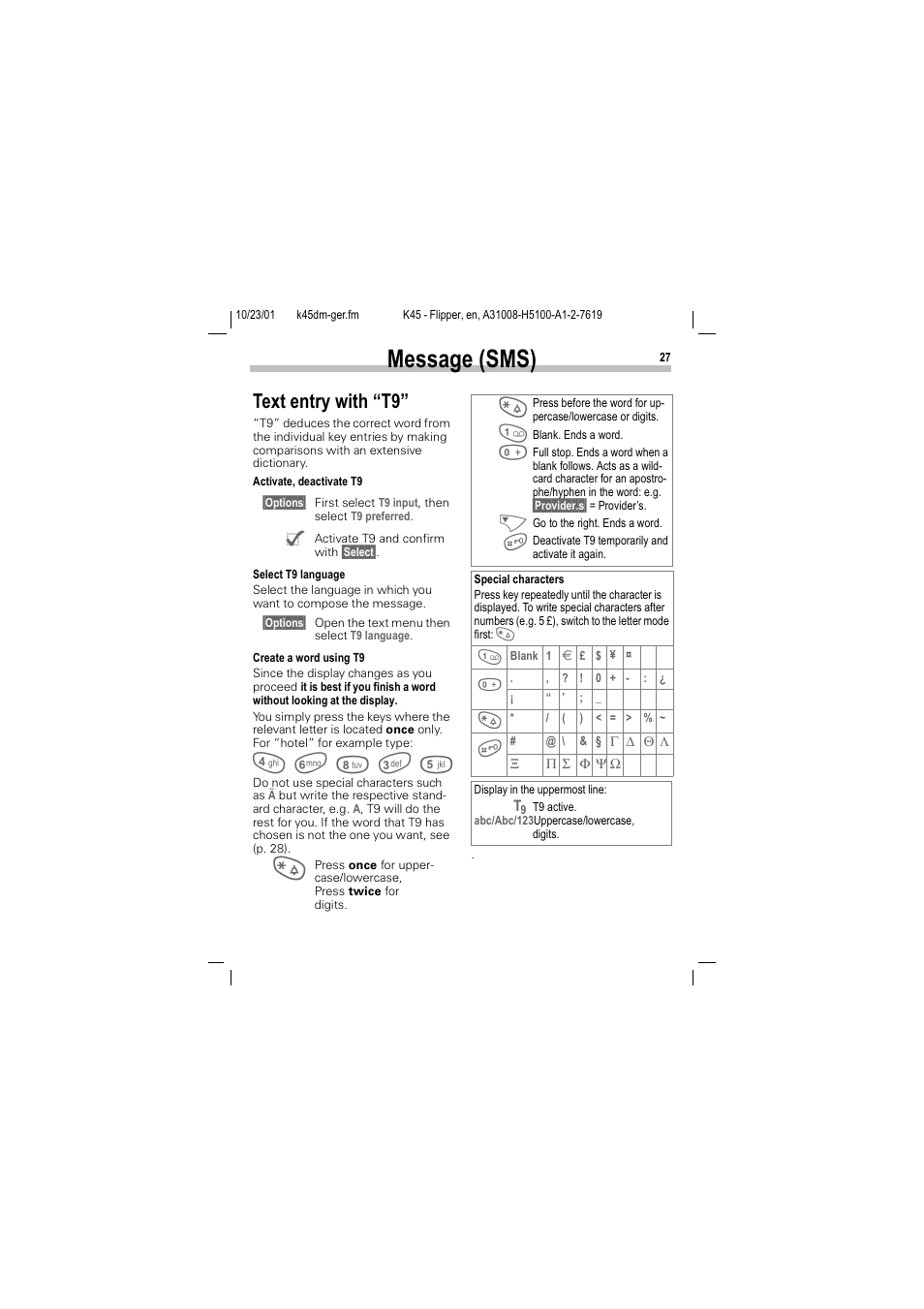 Text entry with “t9, P. 27), 0hvvdjh 606 | 7h[w hqwu\ zlwk ´7µ | Siemens C45 User Manual | Page 29 / 82