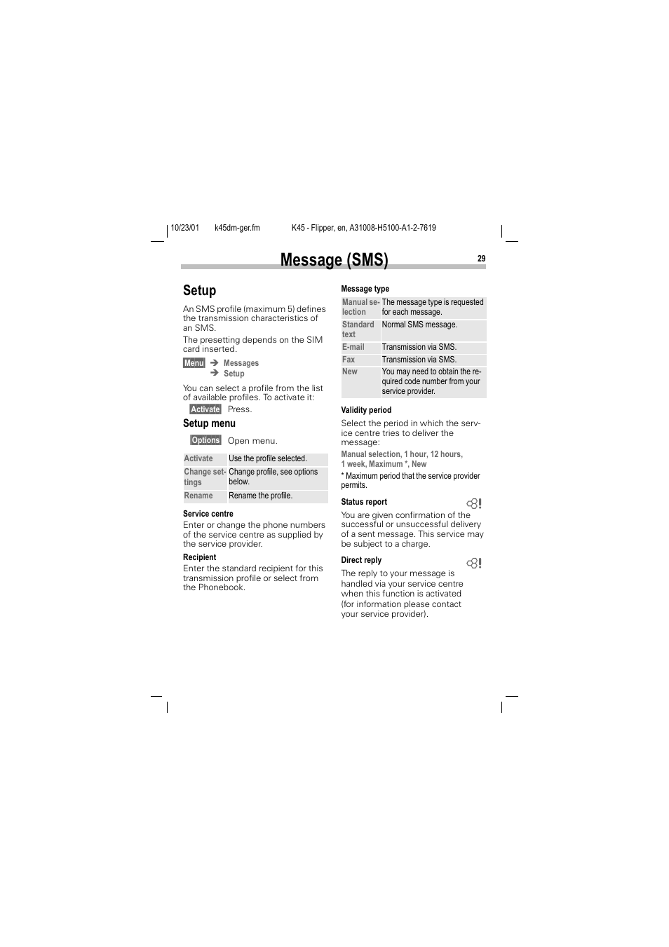 Setup, P. 29)), 0hvvdjh 606 | 6hwxs | Siemens C45 User Manual | Page 31 / 82