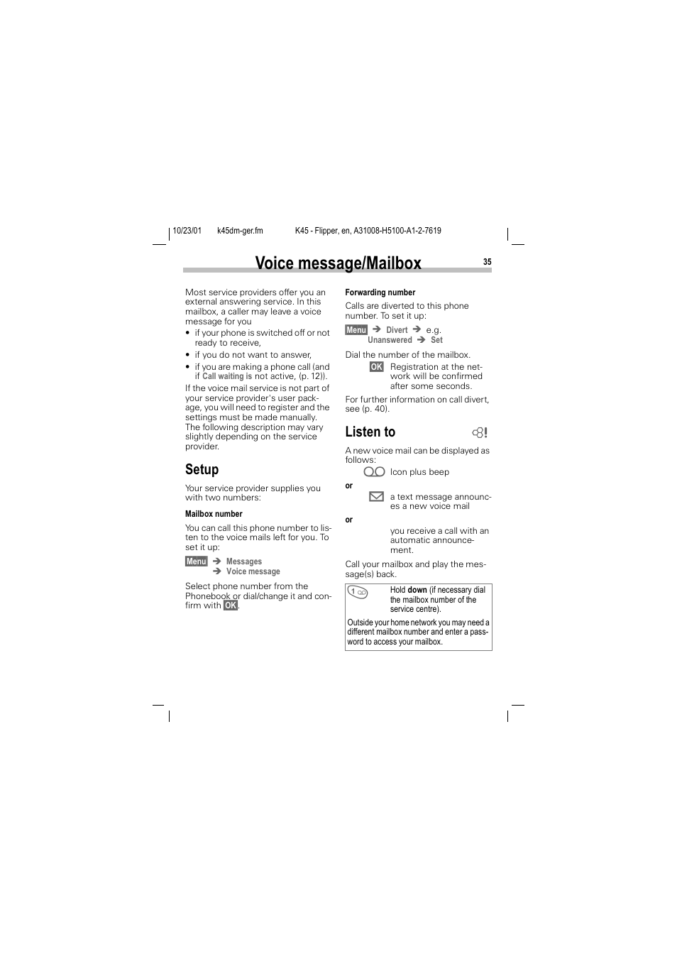 Voice message/mailbox, 9rlfh phvvdjh0dloer, 6hwxs | Lvwhq wr | Siemens C45 User Manual | Page 37 / 82