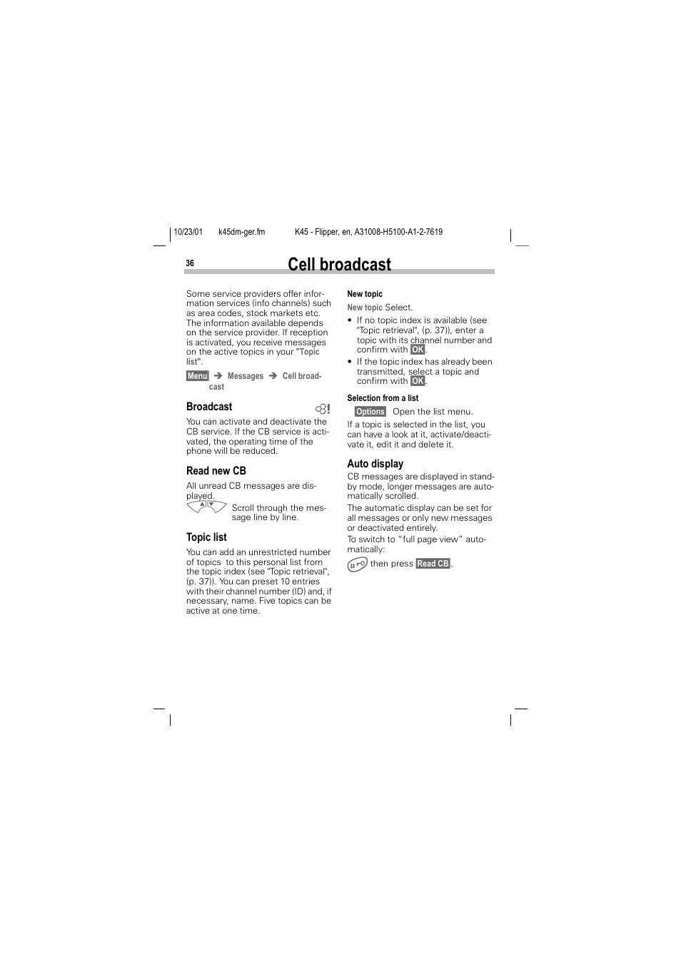 Cell broadcast, Hoo eurdgfdvw | Siemens C45 User Manual | Page 38 / 82