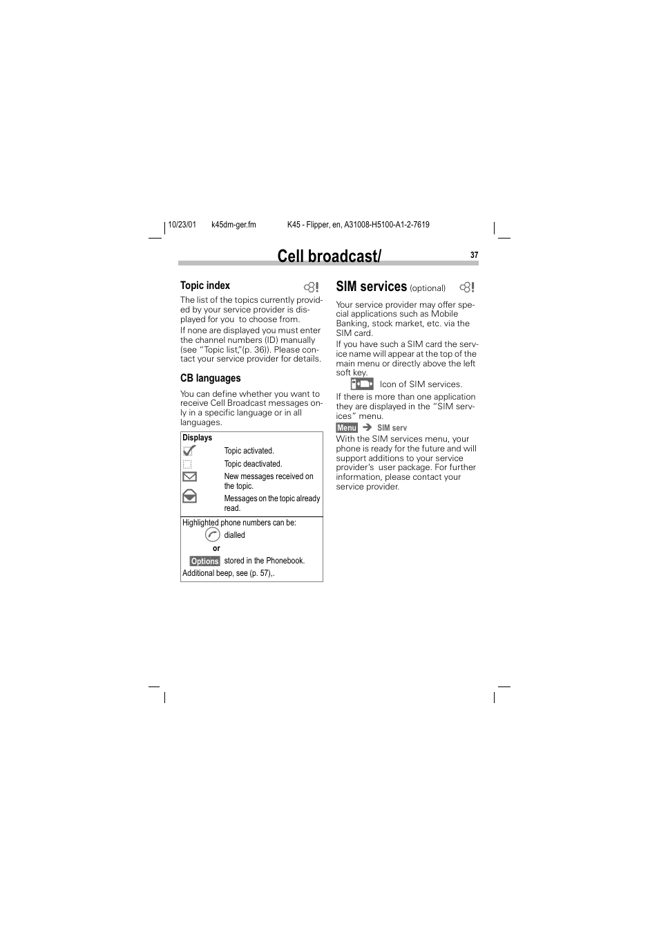 Sim services, Hoo eurdgfdvw, 6,0 vhuylfhv | Siemens C45 User Manual | Page 39 / 82