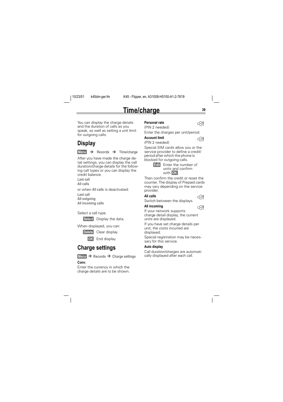 Time/charge, 7lphfkdujh, Display charge settings | Lvsod, Kdujh vhwwlqjv, Qq q | Siemens C45 User Manual | Page 41 / 82