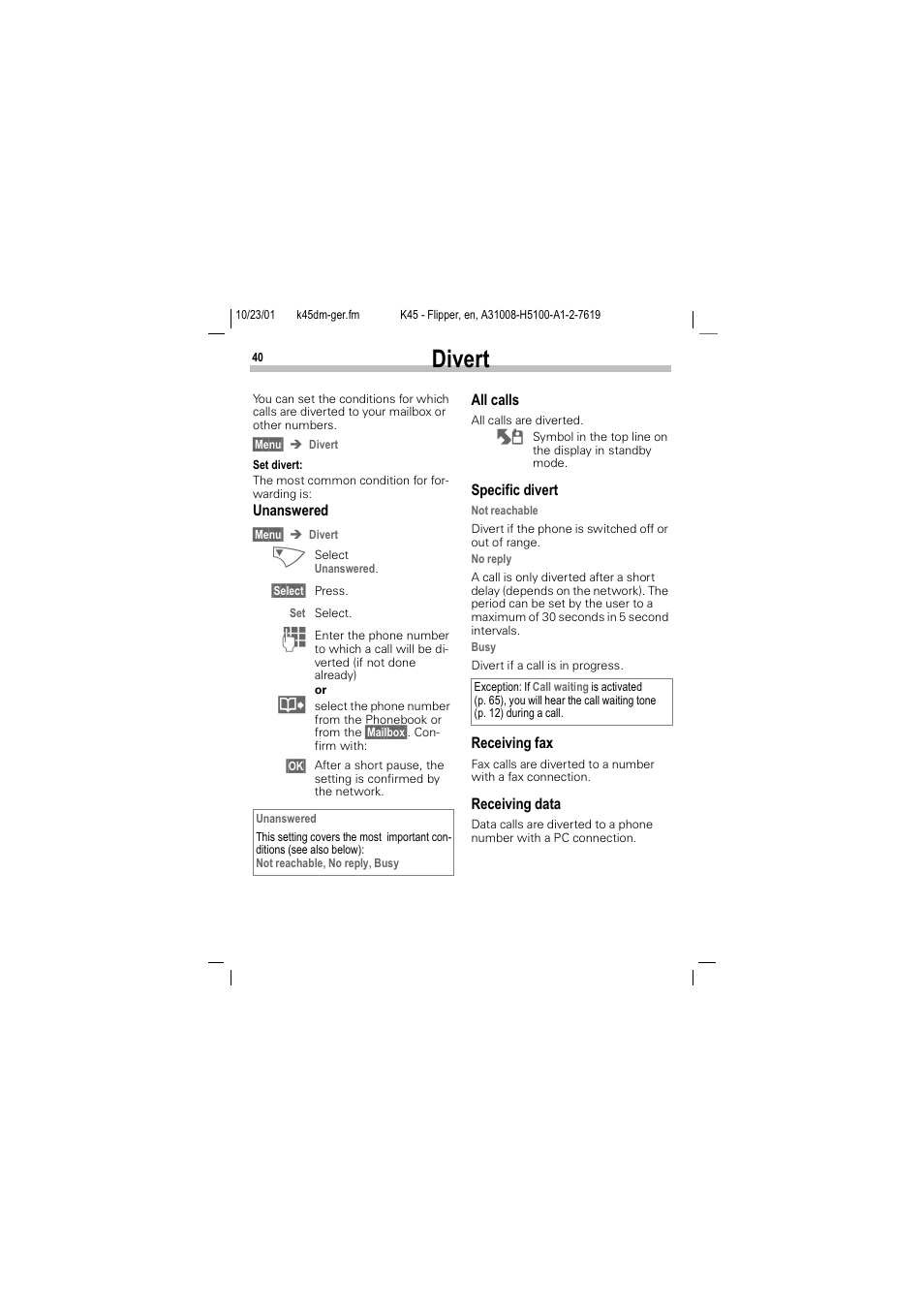 Divert, Lyhuw | Siemens C45 User Manual | Page 42 / 82