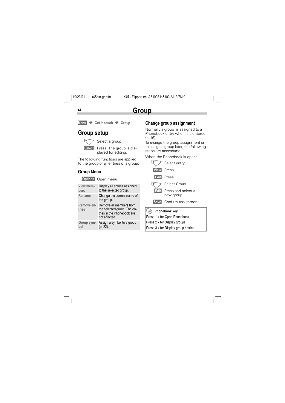 Group setup, Urxs, Urxs vhwxs | Siemens C45 User Manual | Page 46 / 82