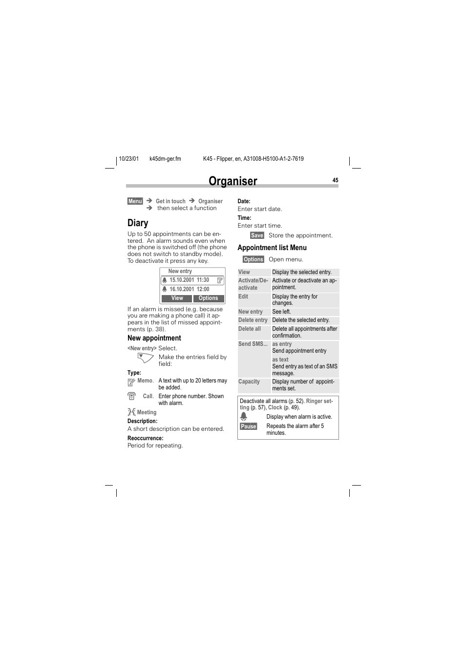 Organiser, 2ujdqlvhu, Diary | Siemens C45 User Manual | Page 47 / 82