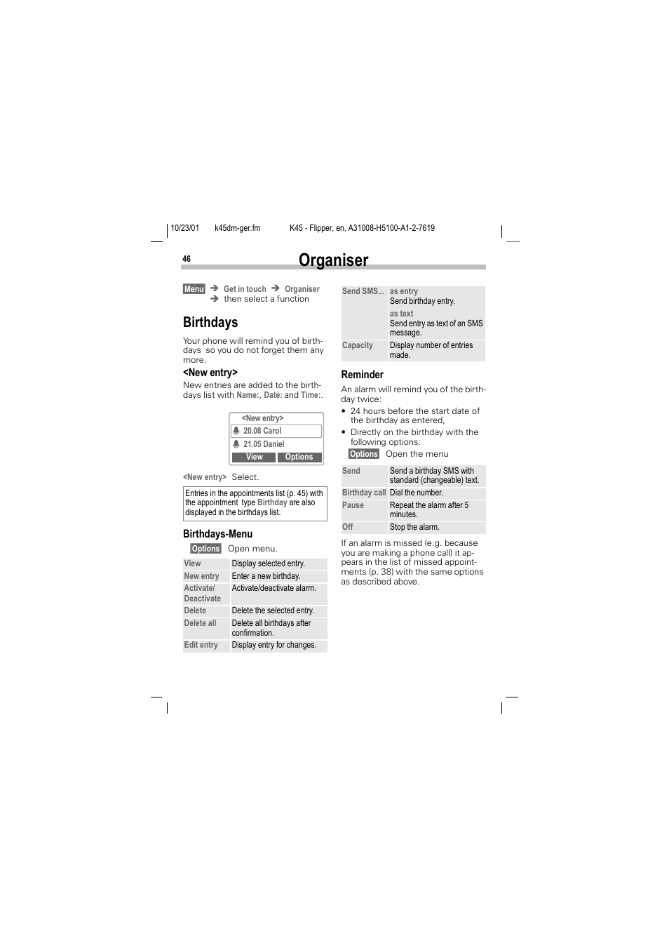 Birthdays, 2ujdqlvhu, Luwkgd\v | Siemens C45 User Manual | Page 48 / 82