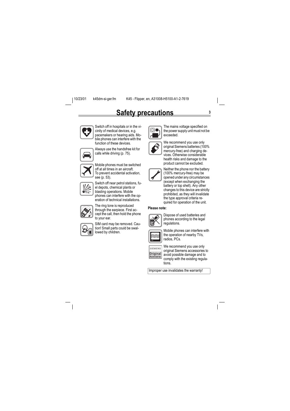 Safety precautions, 6dihw\ suhfdxwlrqv | Siemens C45 User Manual | Page 5 / 82