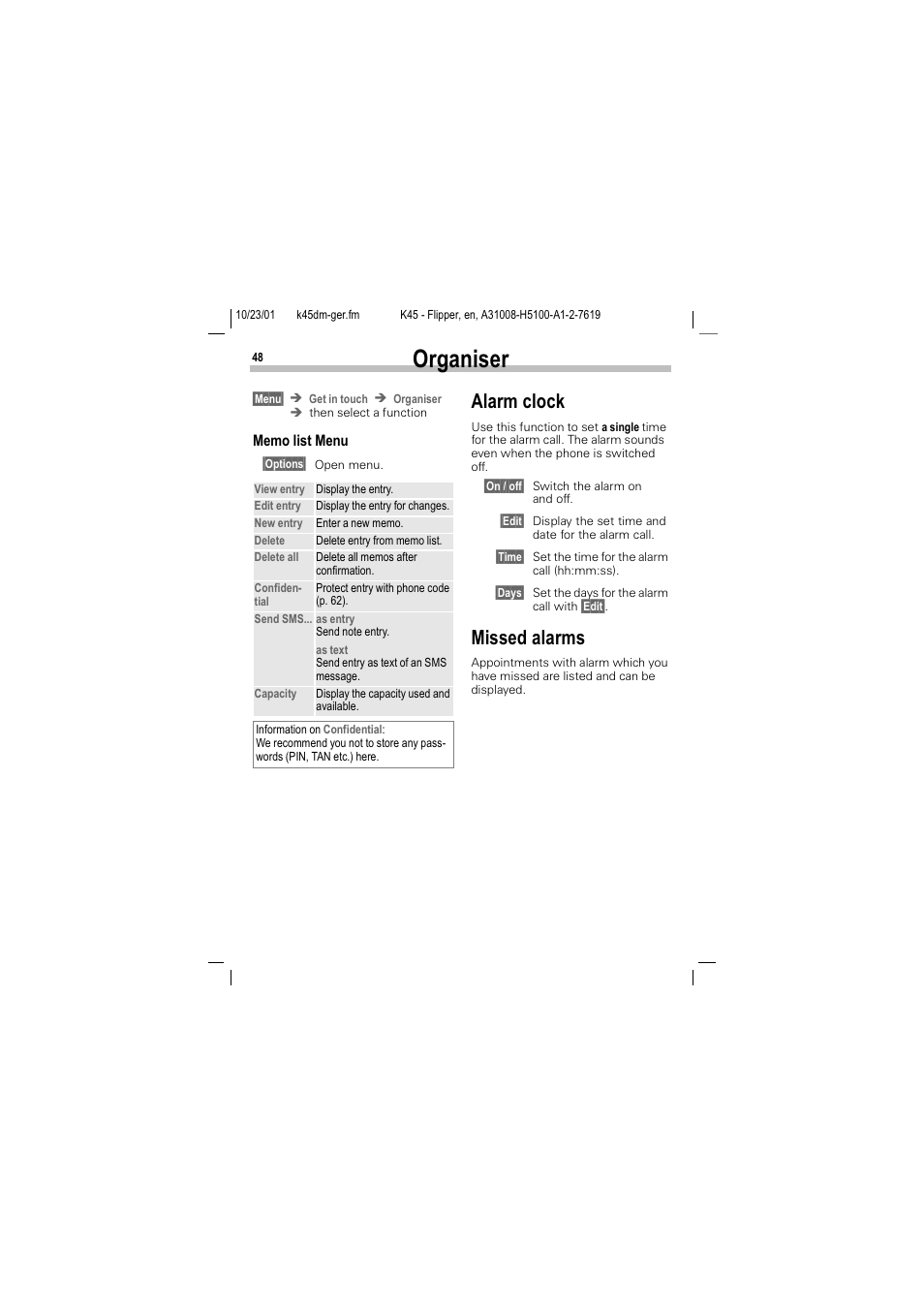 Alarm clock missed alarms, 2ujdqlvhu, Odup forfn | 0lvvhg dodupv | Siemens C45 User Manual | Page 50 / 82