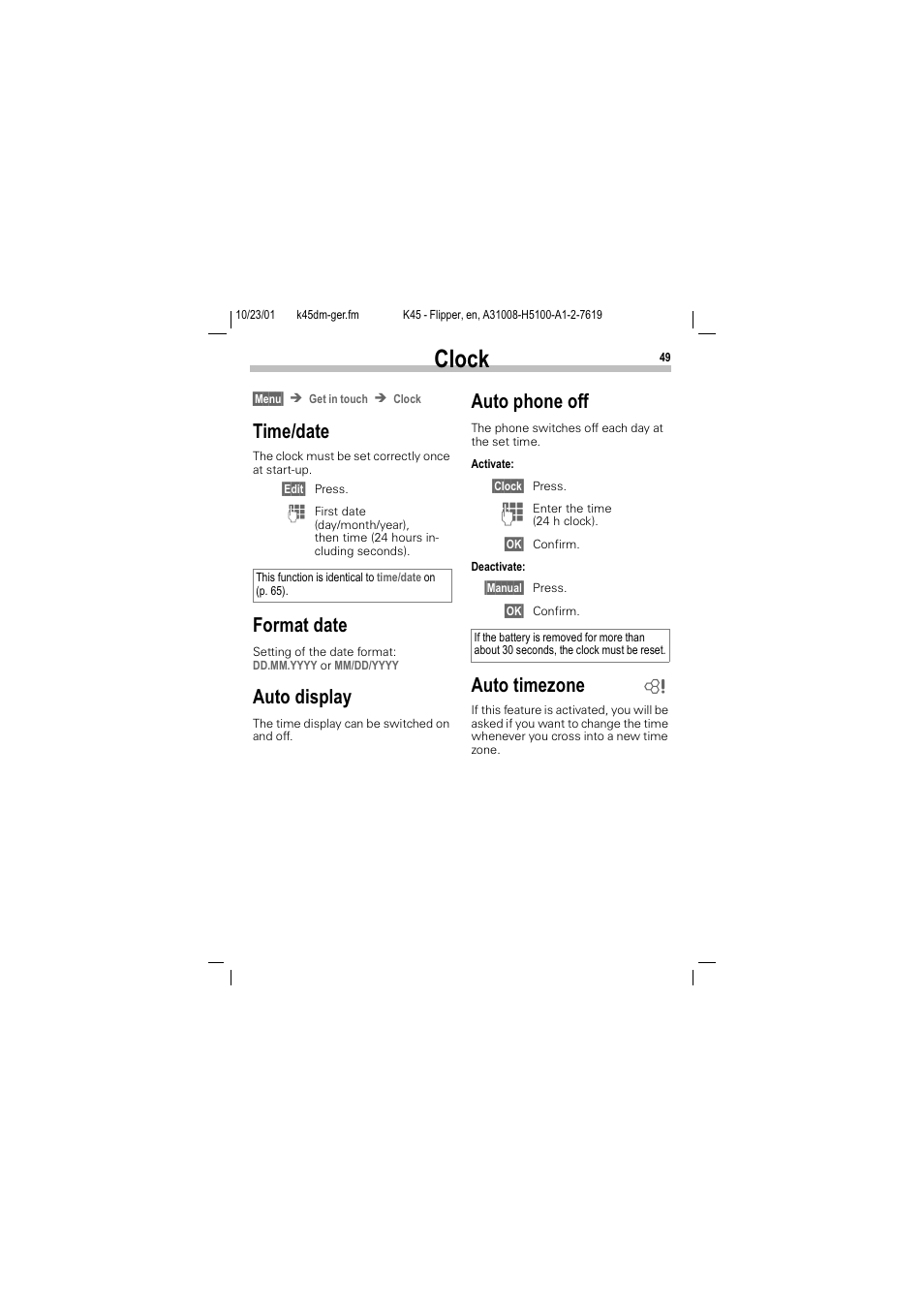 Clock, Orfn, 7lphgdwh | Rupdw gdwh, Xwr glvsod, Xwr skrqh rii, Xwr wlph]rqh | Siemens C45 User Manual | Page 51 / 82