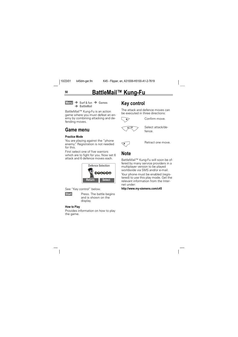 Battlemail™ kung-fu, Dwwoh0dlo .xqj)x, Game menu key control note | Dph phqx, H\ frqwuro, 1rwh | Siemens C45 User Manual | Page 52 / 82