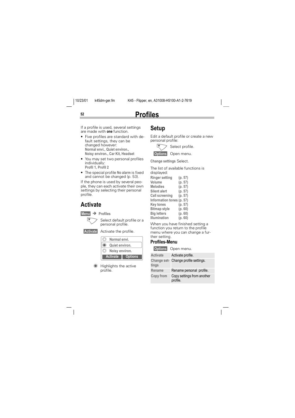 Profiles, 3urilohv, Setup | Fwlydwh, 6hwxs | Siemens C45 User Manual | Page 54 / 82