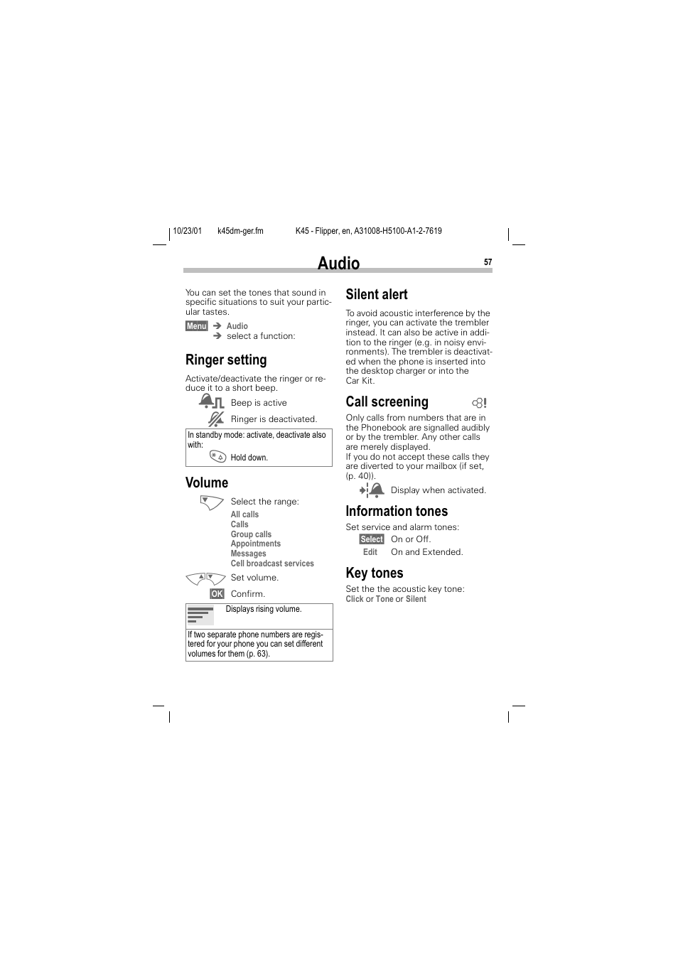 Audio, Xglr, Ringer setting volume silent alert call screening | Information tones key tones, P. 57), 5lqjhu vhwwlqj, 9roxph, 6lohqw dohuw, Doo vfuhhqlqj, Qirupdwlrq wrqhv | Siemens C45 User Manual | Page 59 / 82