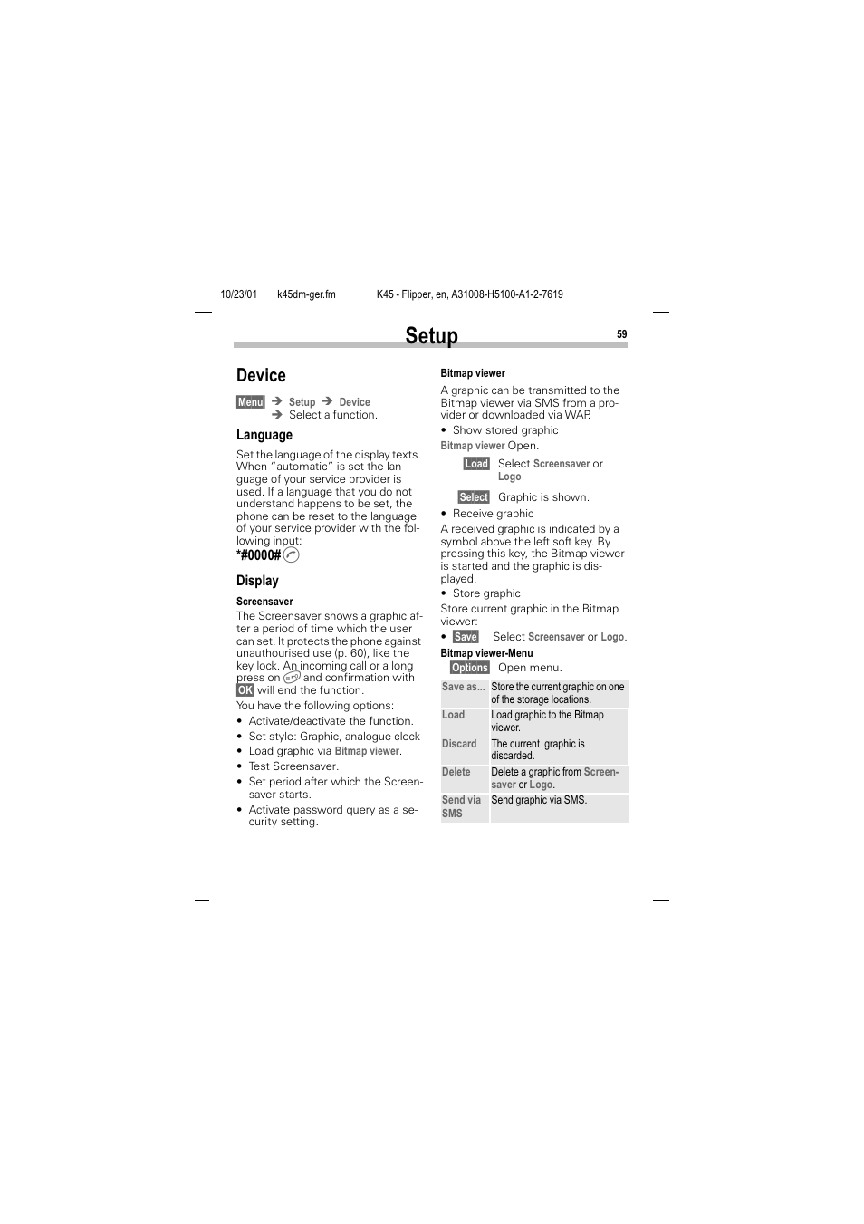 Setup, 6hwxs, Device | Hylfh | Siemens C45 User Manual | Page 61 / 82