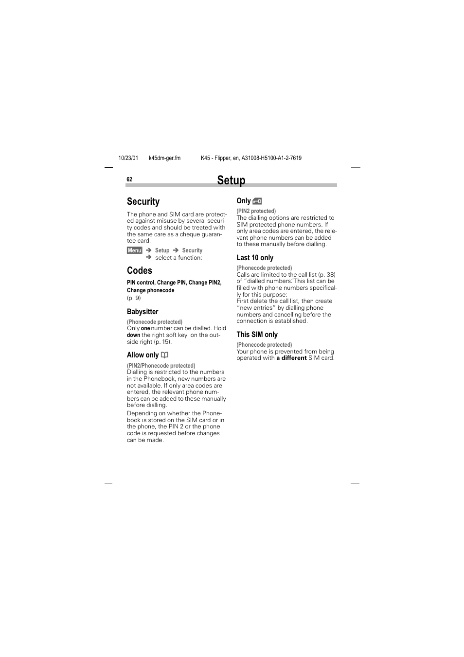 Security, 6hwxs, 6hfxulw | Rghv | Siemens C45 User Manual | Page 64 / 82