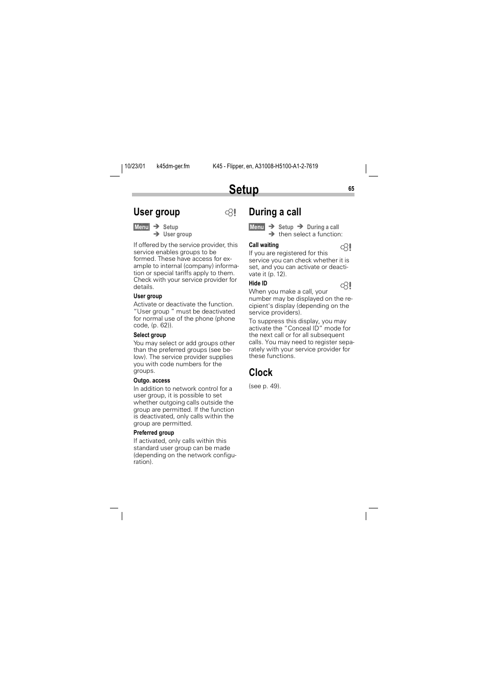 User group during a call clock, P. 65), 6hwxs | 8vhu jurxs, Xulqj d fdoo, Orfn | Siemens C45 User Manual | Page 67 / 82