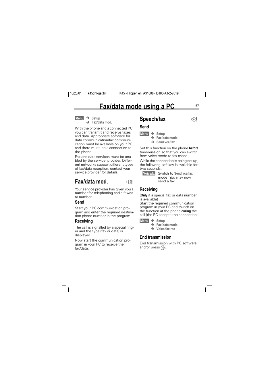 Fax/data mode using a pc, D[gdwd prgh xvlqj d 3, D[gdwd prg | 6shhfkid | Siemens C45 User Manual | Page 69 / 82