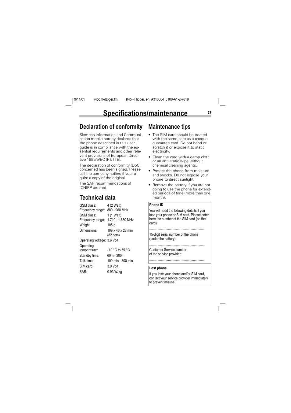 Specifications/maintenance, 6shflilfdwlrqvpdlqwhqdqfh, Hfodudwlrq ri frqiruplw | 7hfkqlfdo gdwd, 0dlqwhqdqfh wlsv | Siemens C45 User Manual | Page 75 / 82