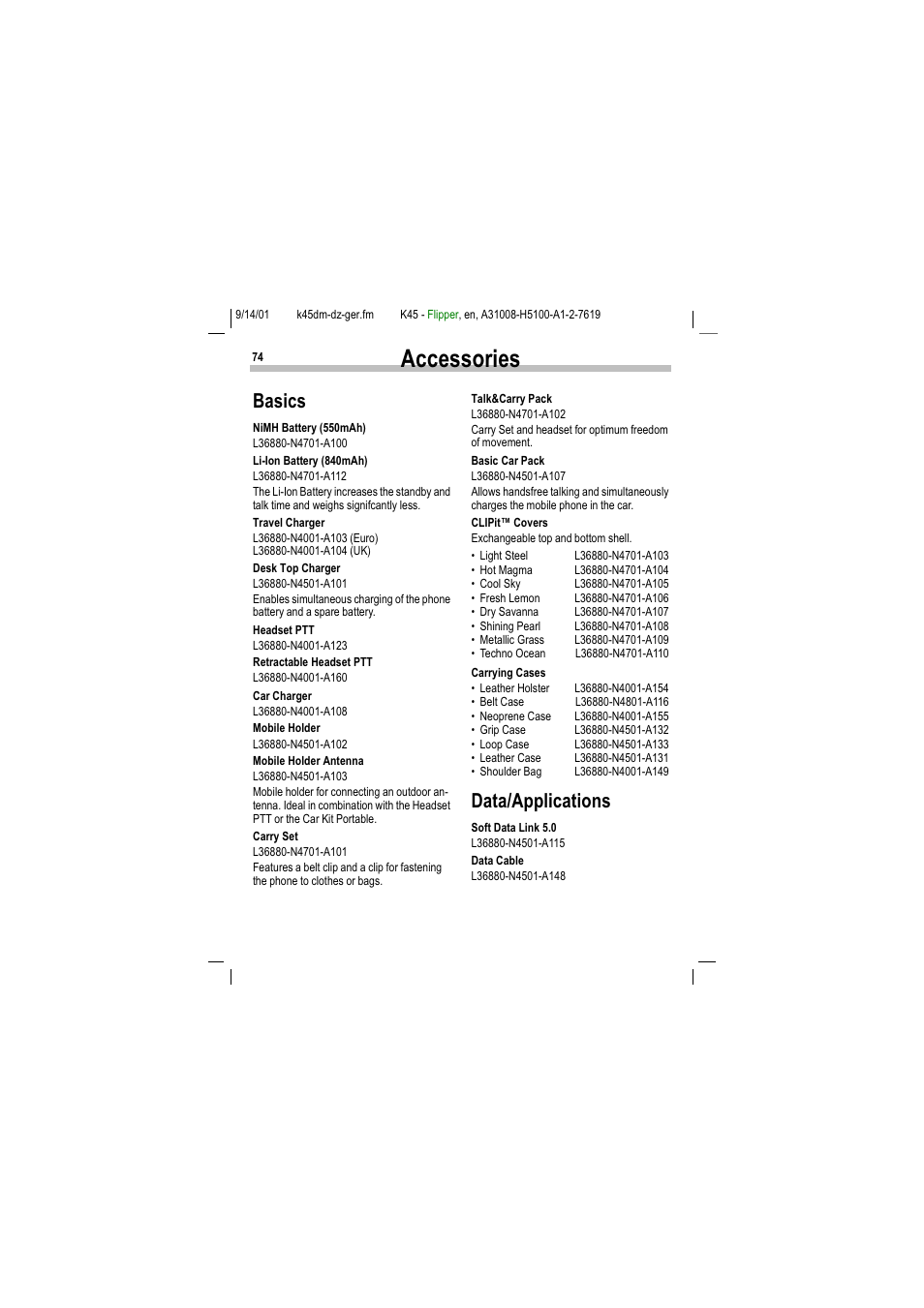 Accessories, Ffhvvrulhv, Basics data/applications | Dvlfv, Dwd$ssolfdwlrqv | Siemens C45 User Manual | Page 76 / 82