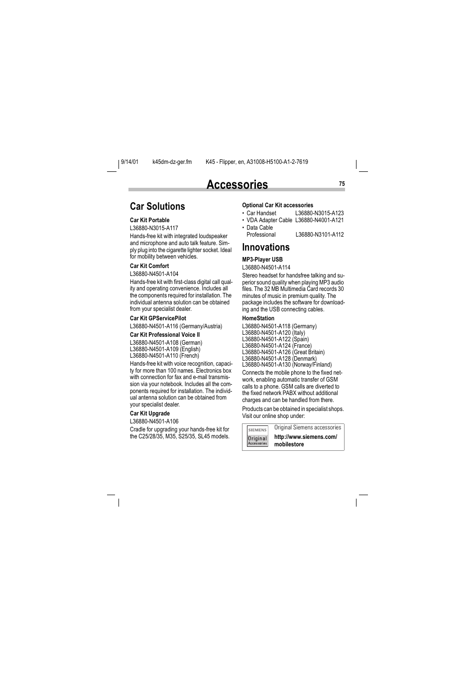 Car solutions innovations, Ffhvvrulhv, Du 6roxwlrqv | Qqrydwlrqv | Siemens C45 User Manual | Page 77 / 82