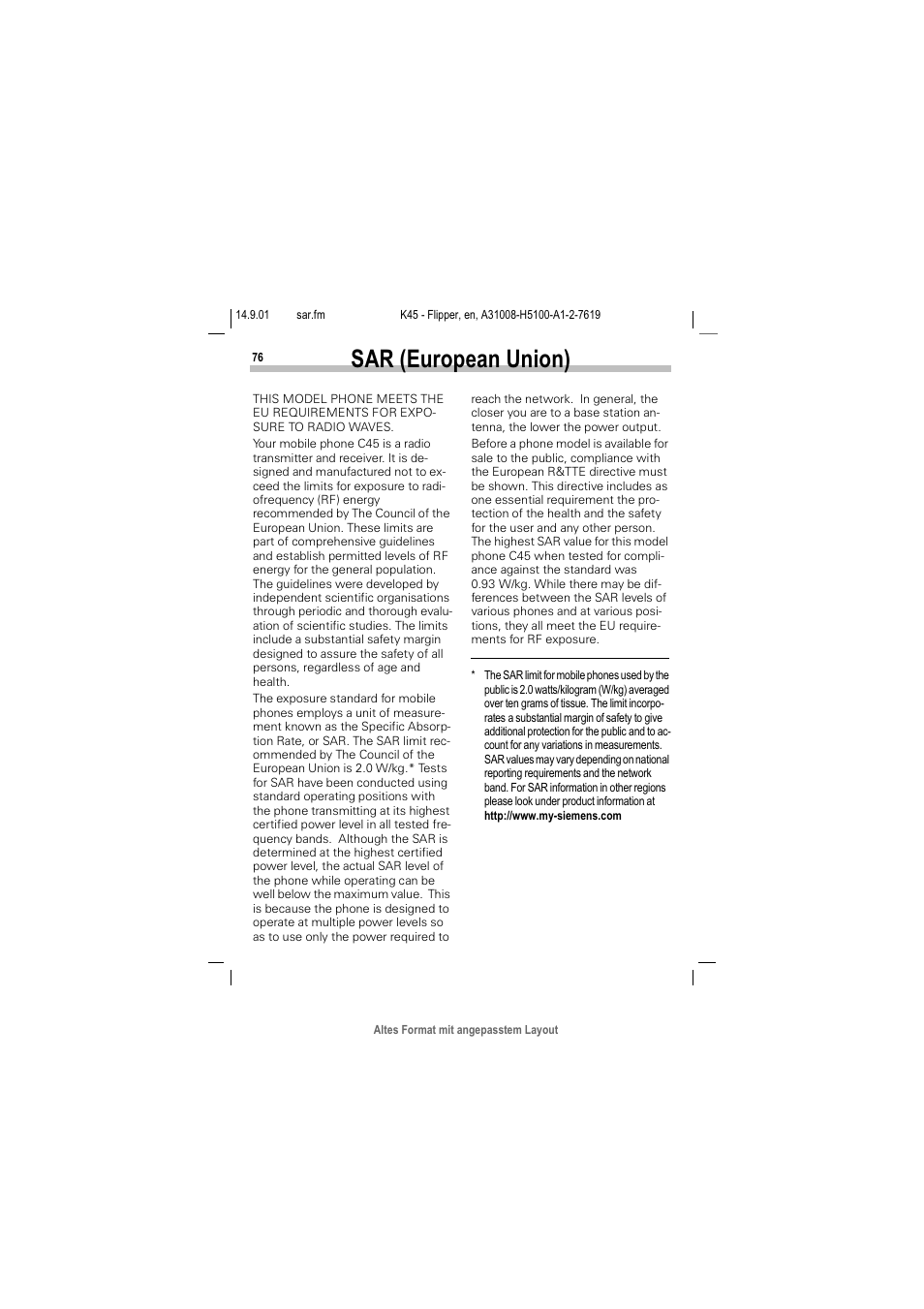 Sar (european union), 6$5 (xurshdq 8qlrq | Siemens C45 User Manual | Page 78 / 82