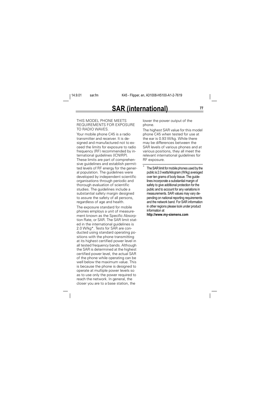 Sar (international), 6$5 lqwhuqdwlrqdo | Siemens C45 User Manual | Page 79 / 82