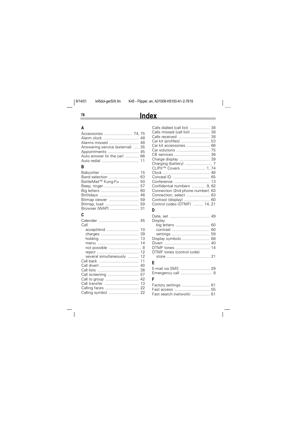 Index | Siemens C45 User Manual | Page 80 / 82