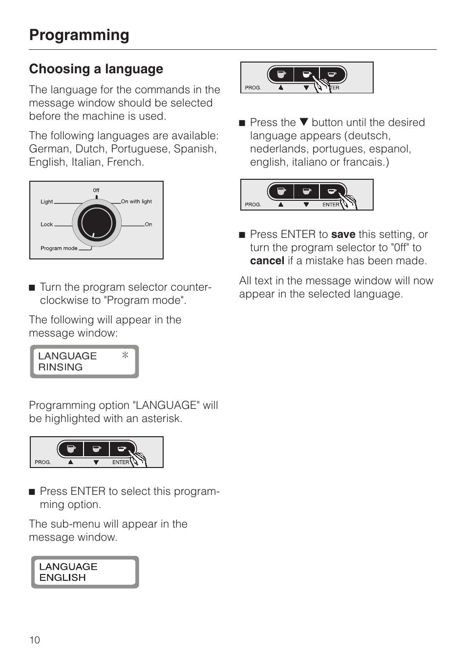 Choosing a language 10, Choosing a language, Programming | Miele cva 610 User Manual | Page 10 / 64