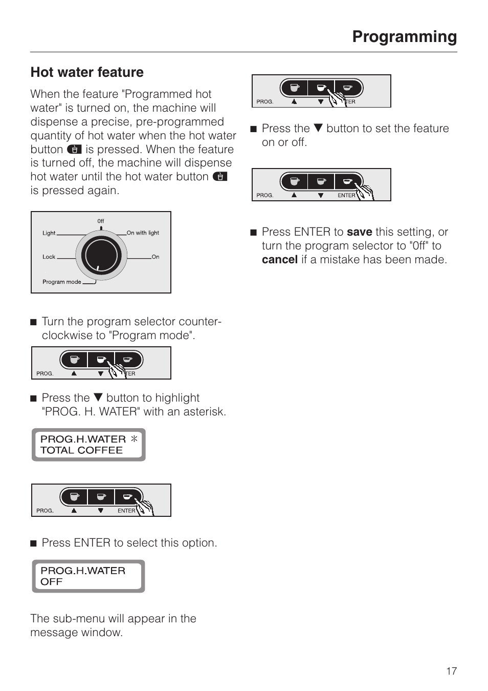 Hot water feature 17, Hot water feature, Programming | Miele cva 610 User Manual | Page 17 / 64
