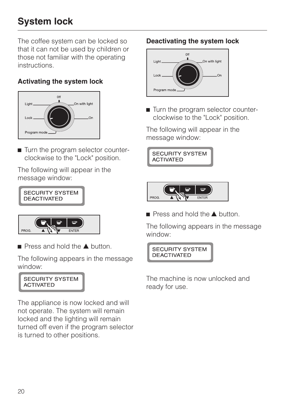 System lock 20, System lock | Miele cva 610 User Manual | Page 20 / 64