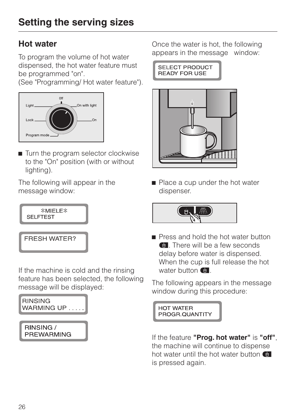 Hot water 26, Hot water, Setting the serving sizes | Miele cva 610 User Manual | Page 26 / 64