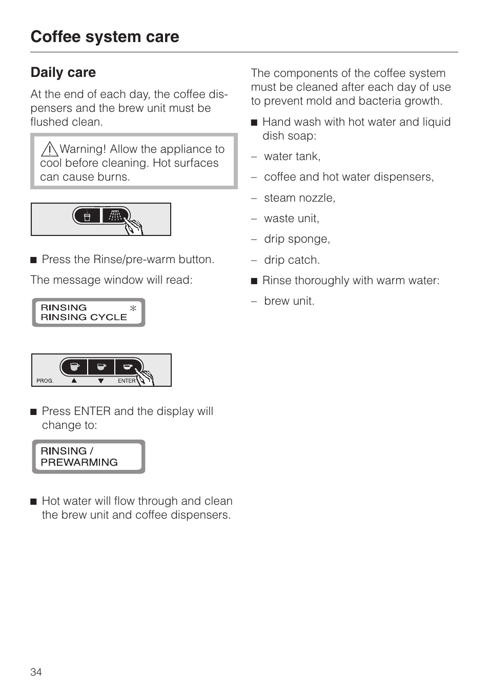 Coffee system care 34, Daily care 34, Daily care | Coffee system care | Miele cva 610 User Manual | Page 34 / 64