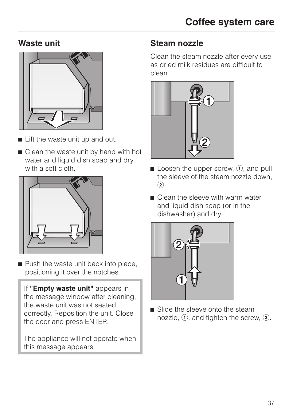 Waste unit 37, Steam nozzle 37, Waste unit steam nozzle | Coffee system care, Waste unit, Steam nozzle | Miele cva 610 User Manual | Page 37 / 64