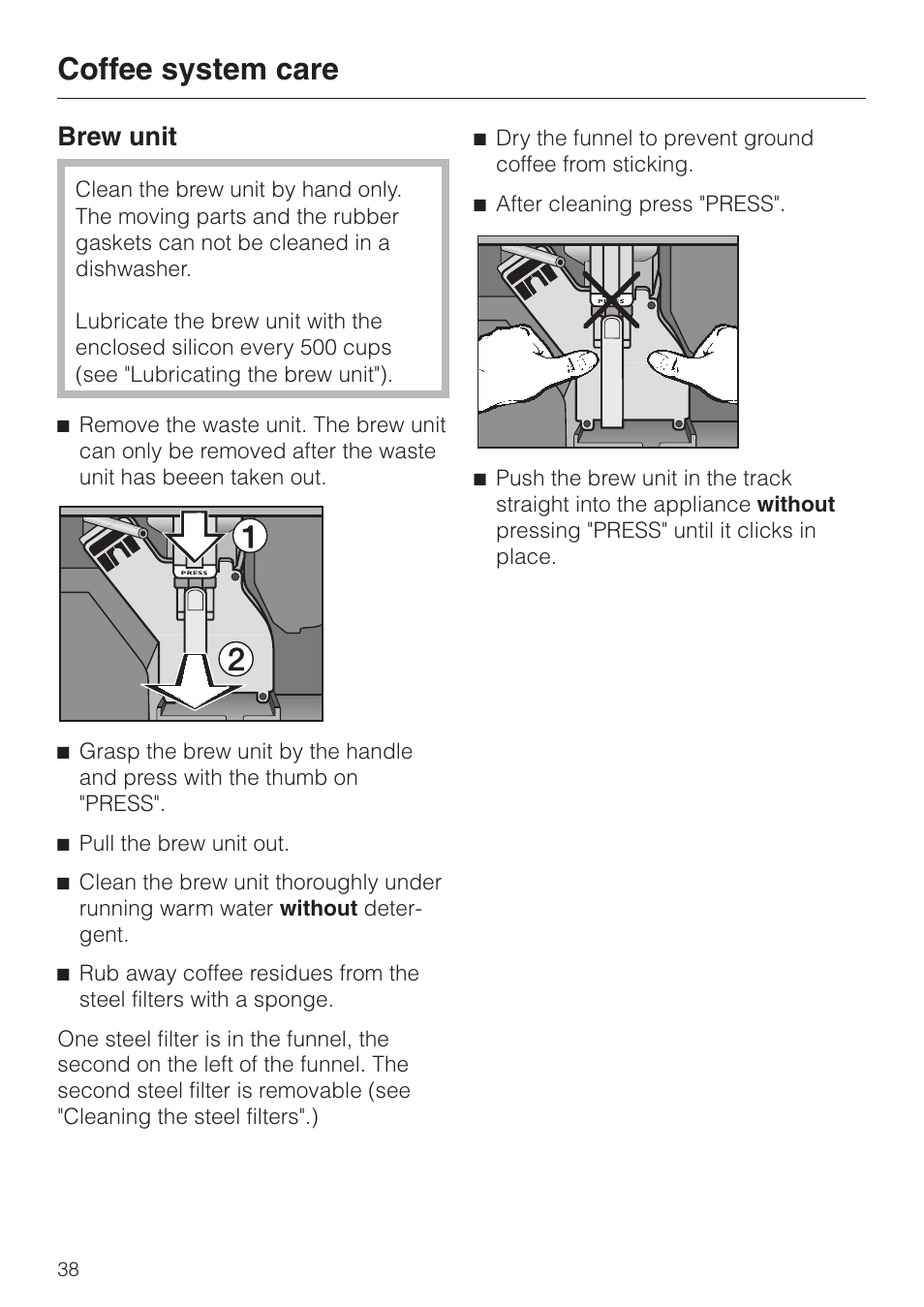 Brew unit 38, Brew unit, Coffee system care | Miele cva 610 User Manual | Page 38 / 64