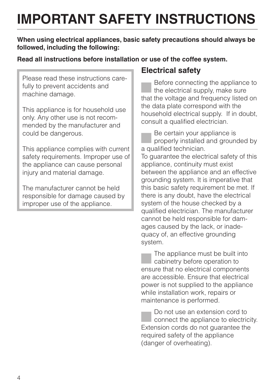 Important safety instructions 4, Important safety instructions | Miele cva 610 User Manual | Page 4 / 64