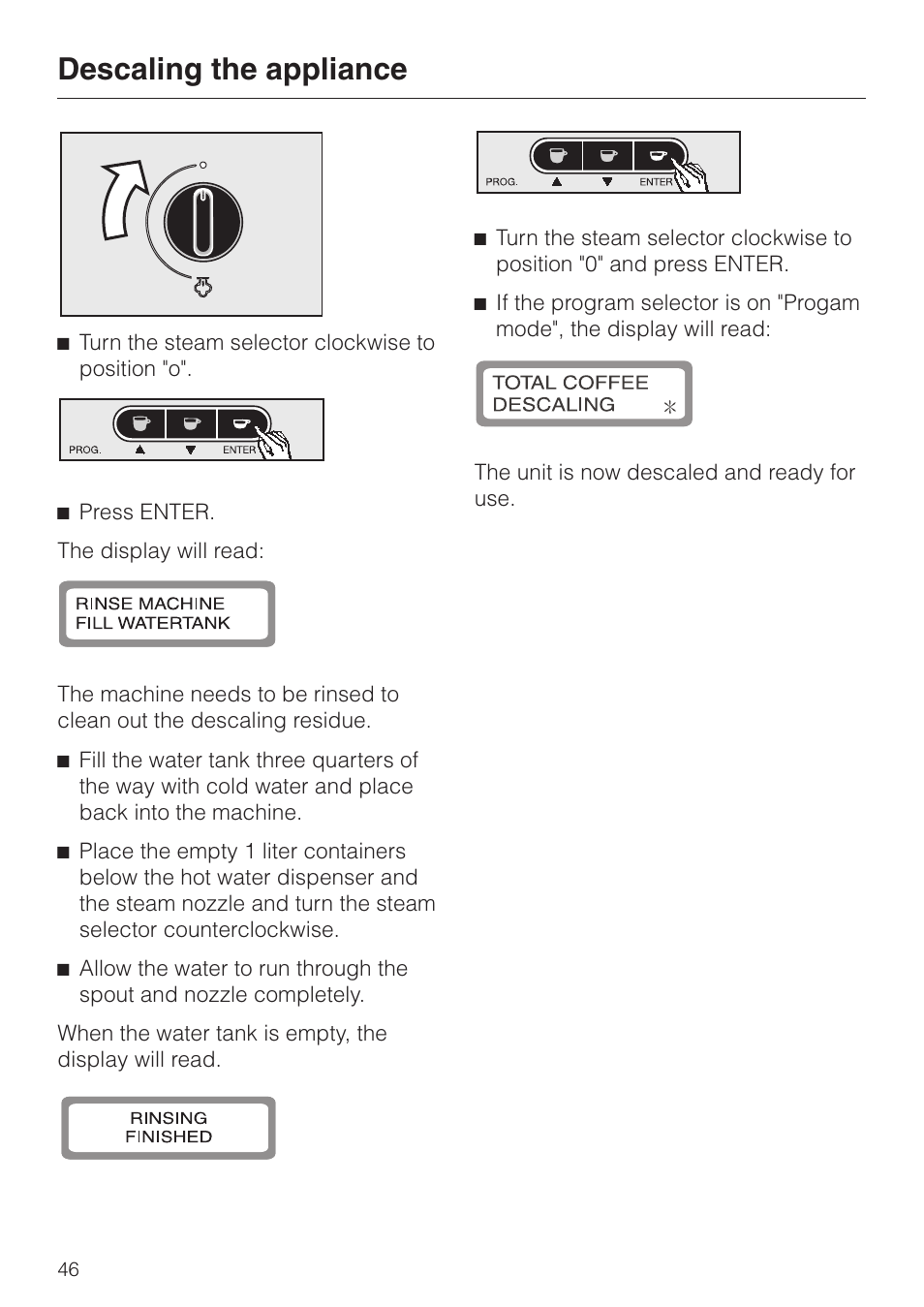 Descaling the appliance | Miele cva 610 User Manual | Page 46 / 64