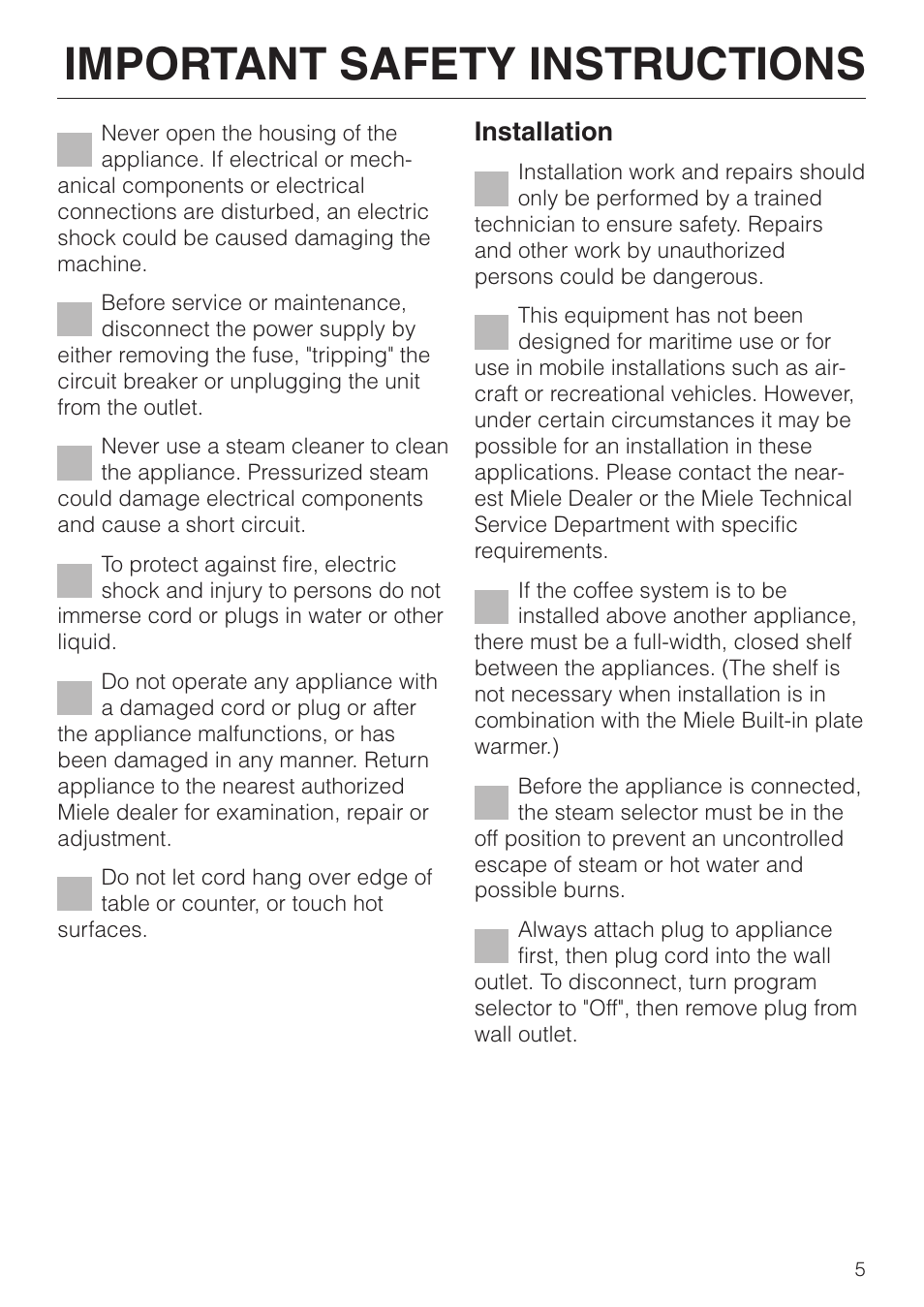 Important safety instructions, Installation | Miele cva 610 User Manual | Page 5 / 64