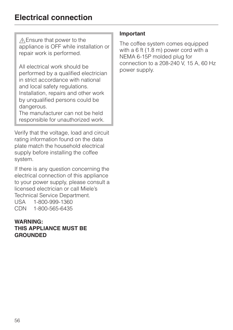 Electrical connection 56, Electrical connection | Miele cva 610 User Manual | Page 56 / 64