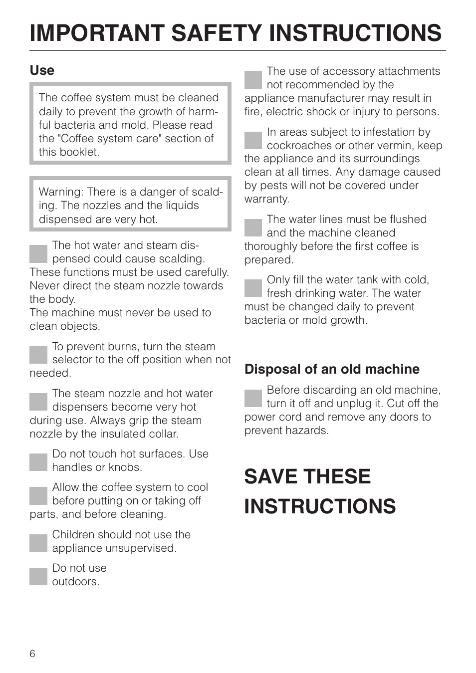 Important safety instructions, Save these instructions | Miele cva 610 User Manual | Page 6 / 64