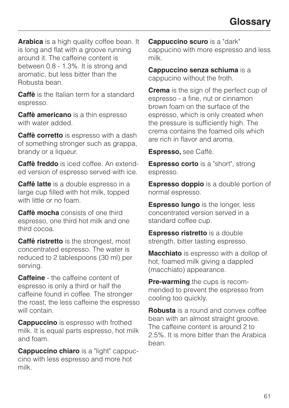 Glossary 61, Glossary, Installation | Miele cva 610 User Manual | Page 61 / 64