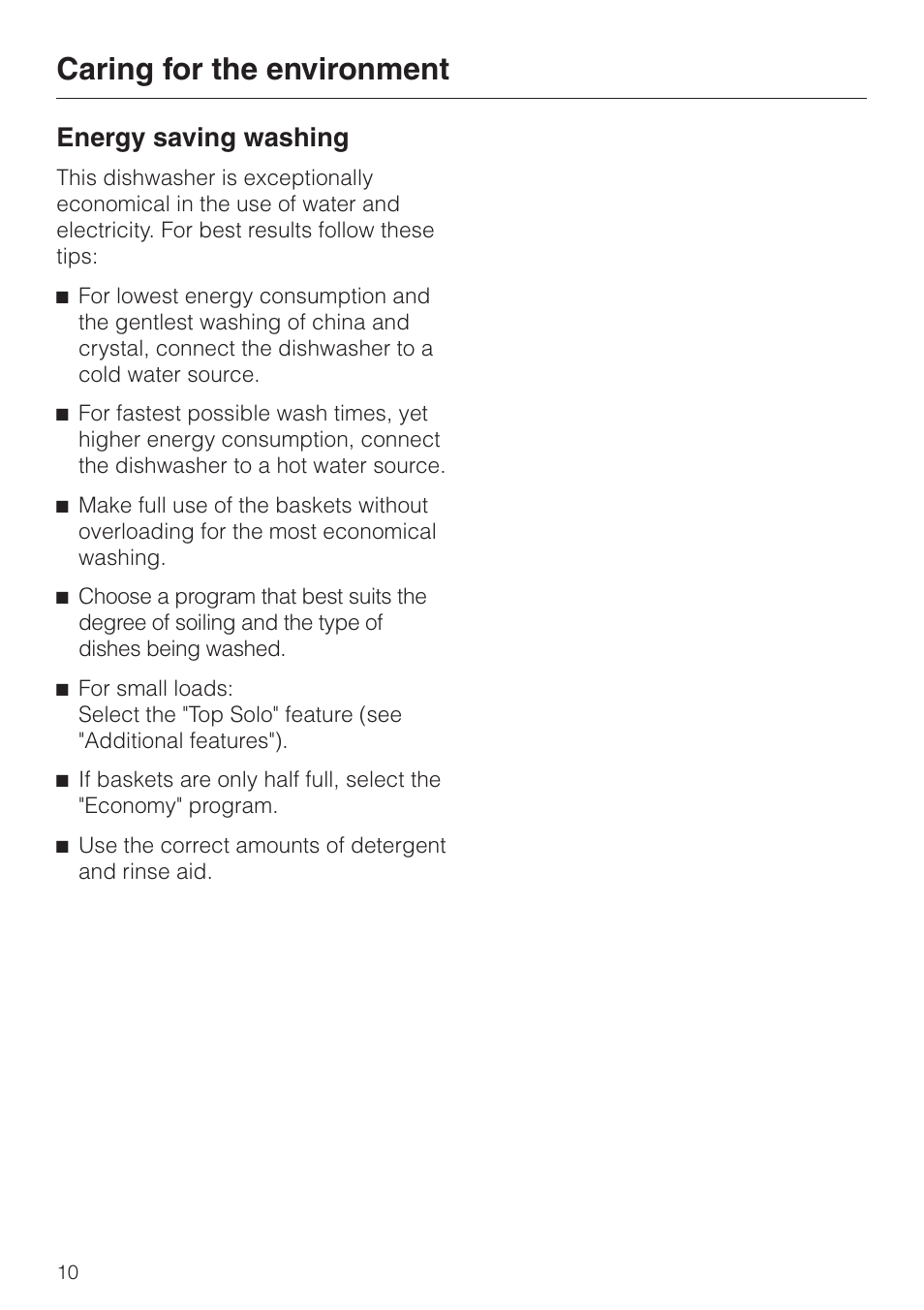 Caring for the environment 10, Energy saving washing 10, Caring for the environment | Energy saving washing | Miele G 851 SC Plus User Manual | Page 10 / 52