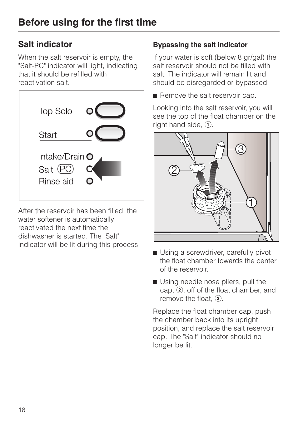 Salt indicator 18, Before using for the first time, Salt indicator | Miele G 851 SC Plus User Manual | Page 18 / 52
