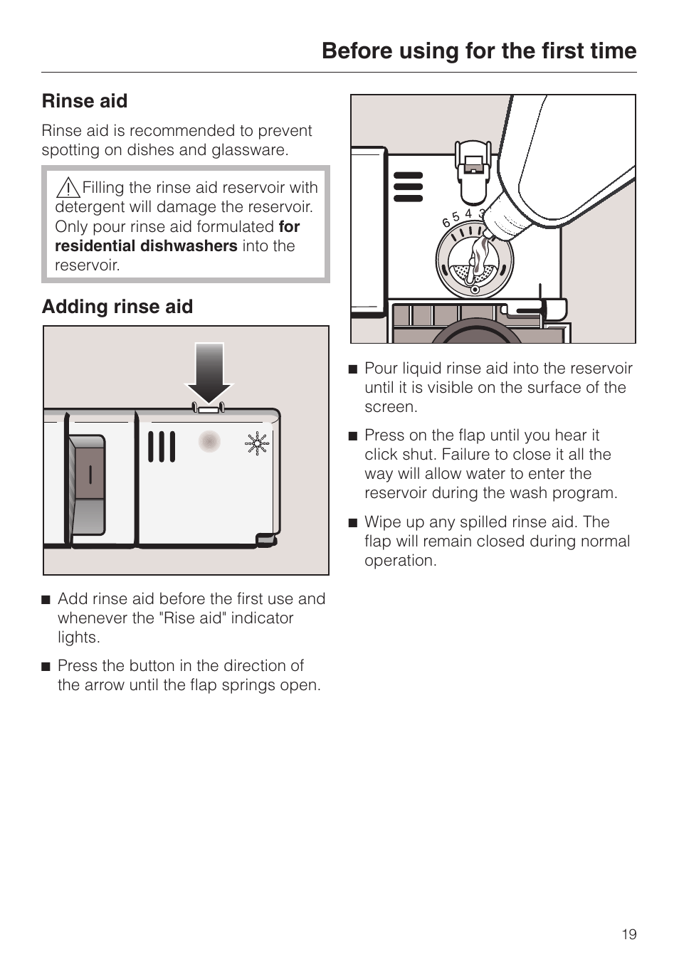 Rinse aid 19, Adding rinse aid 19, Before using for the first time | Rinse aid, Adding rinse aid | Miele G 851 SC Plus User Manual | Page 19 / 52