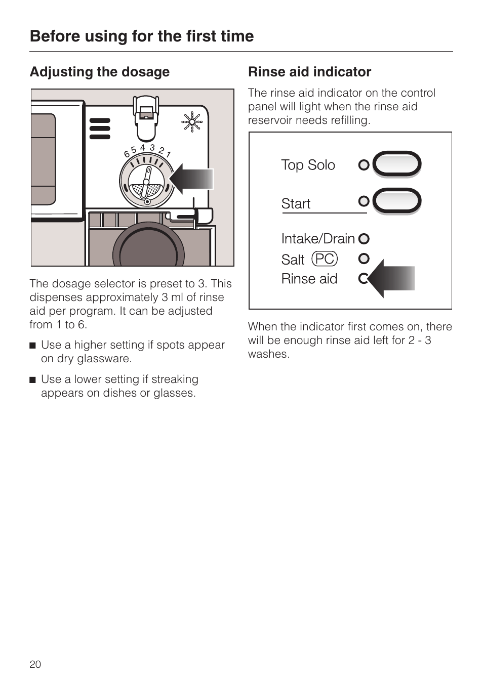 Adjusting the dosage 20, Rinse aid indicator 20, Before using for the first time | Adjusting the dosage, Rinse aid indicator | Miele G 851 SC Plus User Manual | Page 20 / 52