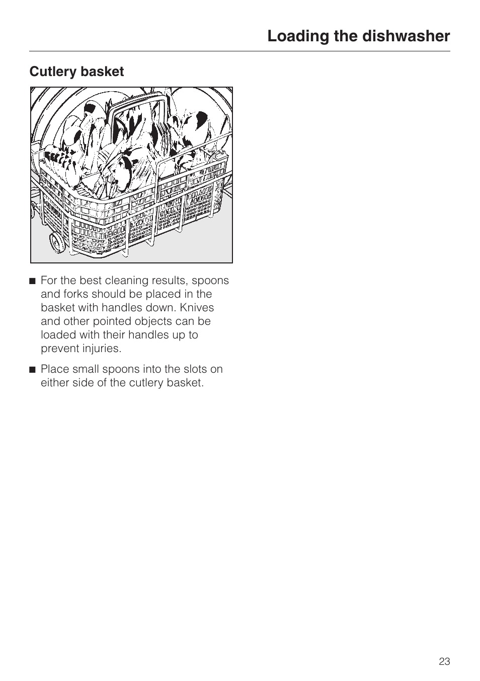 Cutlery basket 23, Loading the dishwasher | Miele G 851 SC Plus User Manual | Page 23 / 52