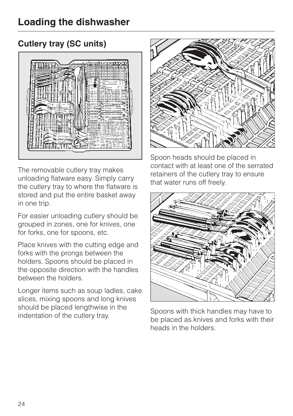 Cutlery tray (sc units) 24, Loading the dishwasher, Cutlery tray (sc units) | Miele G 851 SC Plus User Manual | Page 24 / 52