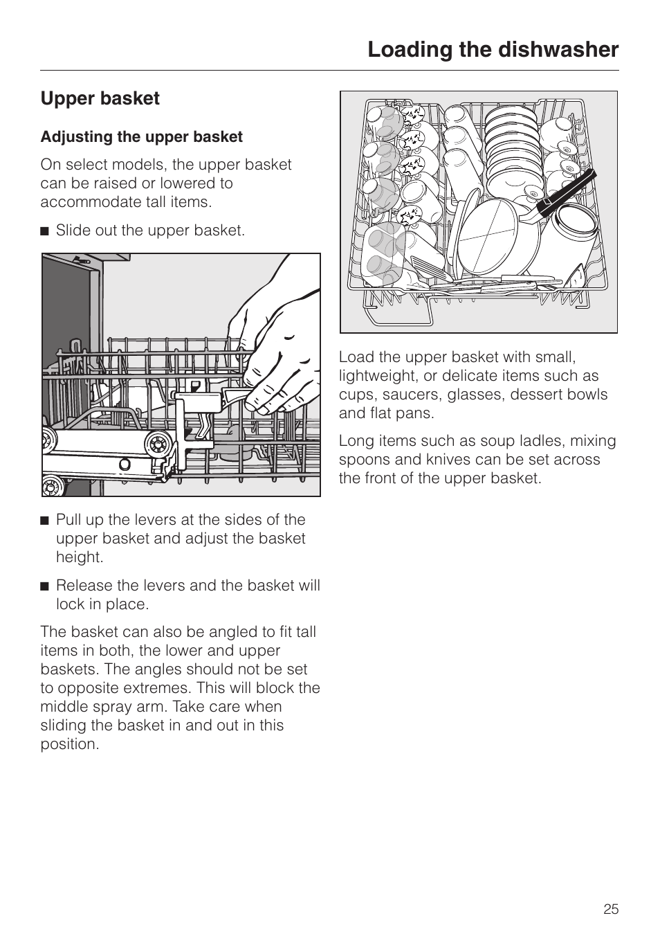 Upper basket 25, Adjusting the upper basket 25, Loading the dishwasher | Upper basket | Miele G 851 SC Plus User Manual | Page 25 / 52