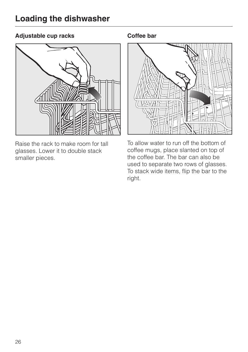 Adjustable cup racks 26, Coffee bar 26, Loading the dishwasher | Miele G 851 SC Plus User Manual | Page 26 / 52