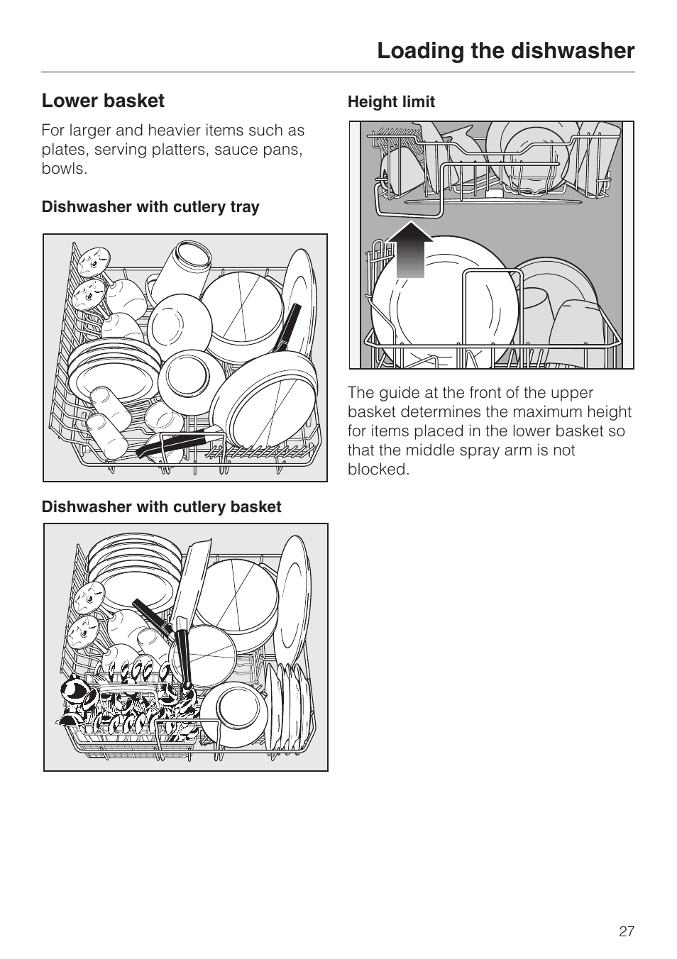 Lower basket 27, Loading the dishwasher, Lower basket | Miele G 851 SC Plus User Manual | Page 27 / 52
