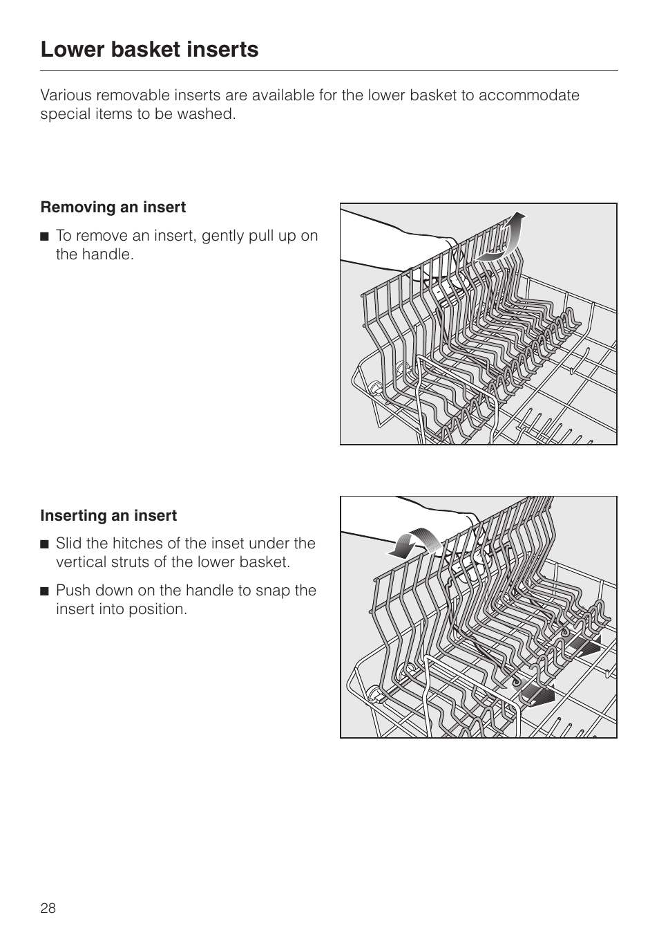Lower basket inserts 28, Removing an insert 28, Inserting an insert 28 | Lower basket inserts | Miele G 851 SC Plus User Manual | Page 28 / 52
